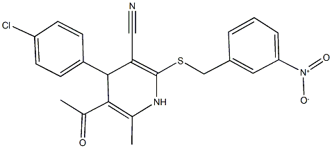 5-acetyl-4-(4-chlorophenyl)-2-({3-nitrobenzyl}sulfanyl)-6-methyl-1,4-dihydro-3-pyridinecarbonitrile 结构式