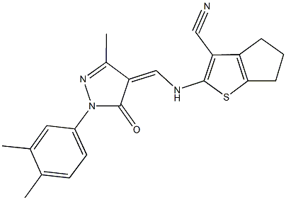 2-({[1-(3,4-dimethylphenyl)-3-methyl-5-oxo-1,5-dihydro-4H-pyrazol-4-ylidene]methyl}amino)-5,6-dihydro-4H-cyclopenta[b]thiophene-3-carbonitrile 结构式