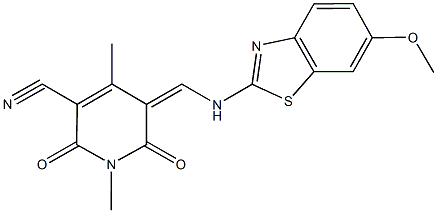 5-{[(6-methoxy-1,3-benzothiazol-2-yl)amino]methylene}-1,4-dimethyl-2,6-dioxo-1,2,5,6-tetrahydro-3-pyridinecarbonitrile 结构式