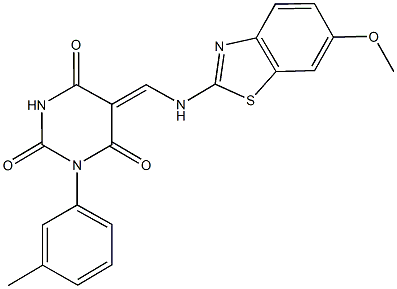 5-{[(6-methoxy-1,3-benzothiazol-2-yl)amino]methylene}-1-(3-methylphenyl)-2,4,6(1H,3H,5H)-pyrimidinetrione 结构式