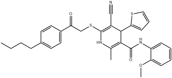 6-{[2-(4-butylphenyl)-2-oxoethyl]sulfanyl}-5-cyano-N-(2-methoxyphenyl)-2-methyl-4-(2-thienyl)-1,4-dihydro-3-pyridinecarboxamide 结构式