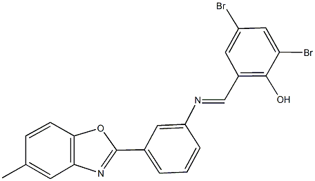 2,4-dibromo-6-({[3-(5-methyl-1,3-benzoxazol-2-yl)phenyl]imino}methyl)phenol 结构式