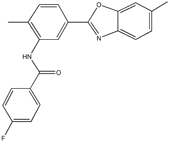 4-fluoro-N-[2-methyl-5-(6-methyl-1,3-benzoxazol-2-yl)phenyl]benzamide 结构式