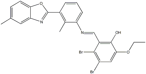 3,4-dibromo-6-ethoxy-2-({[2-methyl-3-(5-methyl-1,3-benzoxazol-2-yl)phenyl]imino}methyl)phenol 结构式