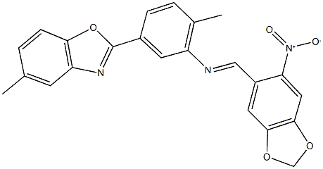 2-{3-[({6-nitro-1,3-benzodioxol-5-yl}methylene)amino]-4-methylphenyl}-5-methyl-1,3-benzoxazole 结构式