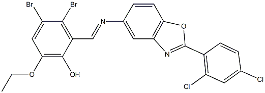 3,4-dibromo-2-({[2-(2,4-dichlorophenyl)-1,3-benzoxazol-5-yl]imino}methyl)-6-ethoxyphenol 结构式