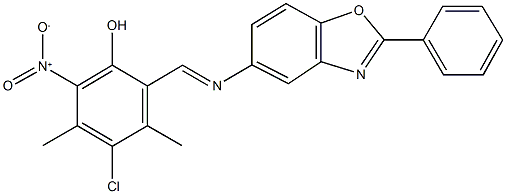 4-chloro-2-nitro-3,5-dimethyl-6-{[(2-phenyl-1,3-benzoxazol-5-yl)imino]methyl}phenol 结构式