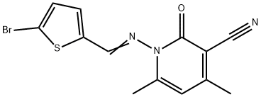 1-{[(5-bromo-2-thienyl)methylene]amino}-4,6-dimethyl-2-oxo-1,2-dihydro-3-pyridinecarbonitrile 结构式