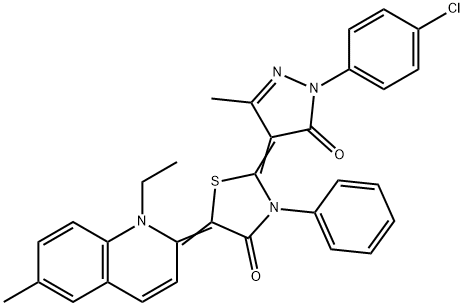 2-[1-(4-chlorophenyl)-3-methyl-5-oxo-1,5-dihydro-4H-pyrazol-4-ylidene]-5-(1-ethyl-6-methyl-2(1H)-quinolinylidene)-3-phenyl-1,3-thiazolidin-4-one 结构式
