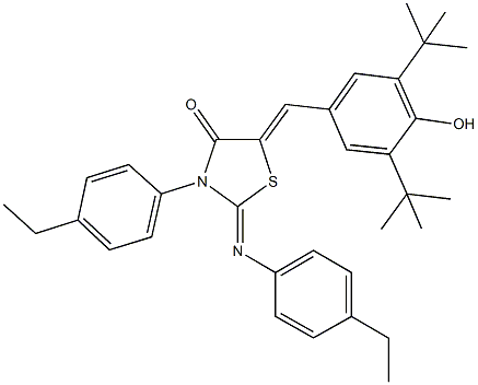 5-(3,5-ditert-butyl-4-hydroxybenzylidene)-3-(4-ethylphenyl)-2-[(4-ethylphenyl)imino]-1,3-thiazolidin-4-one 结构式