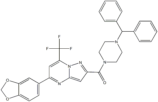 2-[(4-benzhydryl-1-piperazinyl)carbonyl]-5-(1,3-benzodioxol-5-yl)-7-(trifluoromethyl)pyrazolo[1,5-a]pyrimidine 结构式