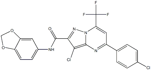 N-(1,3-benzodioxol-5-yl)-3-chloro-5-(4-chlorophenyl)-7-(trifluoromethyl)pyrazolo[1,5-a]pyrimidine-2-carboxamide 结构式