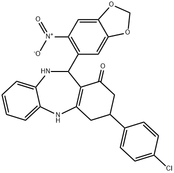 3-(4-chlorophenyl)-11-{6-nitro-1,3-benzodioxol-5-yl}-2,3,4,5,10,11-hexahydro-1H-dibenzo[b,e][1,4]diazepin-1-one 结构式