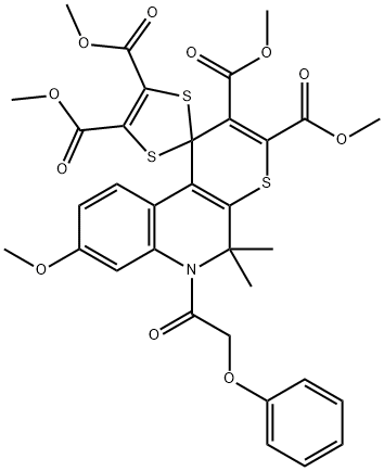 tetramethyl 8-methoxy-5,5-dimethyl-6-(phenoxyacetyl)-5,6-dihydrospiro(1H-thiopyrano[2,3-c]quinoline-1,2'-[1,3]-dithiole)-2,3,4',5'-tetracarboxylate 结构式