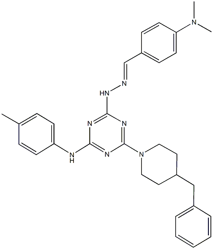 4-(dimethylamino)benzaldehyde [4-(4-benzylpiperidin-1-yl)-6-(4-toluidino)-1,3,5-triazin-2-yl]hydrazone 结构式