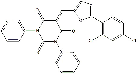 5-{[5-(2,4-dichlorophenyl)-2-furyl]methylene}-1,3-diphenyl-2-thioxodihydropyrimidine-4,6(1H,5H)-dione 结构式