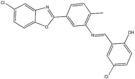 4-chloro-2-({[5-(5-chloro-1,3-benzoxazol-2-yl)-2-methylphenyl]imino}methyl)phenol 结构式