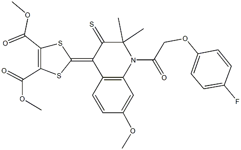 dimethyl 2-(1-{[(4-fluorophenyl)oxy]acetyl}-2,2-dimethyl-7-(methyloxy)-3-thioxo-2,3-dihydroquinolin-4(1H)-ylidene)-1,3-dithiole-4,5-dicarboxylate 结构式