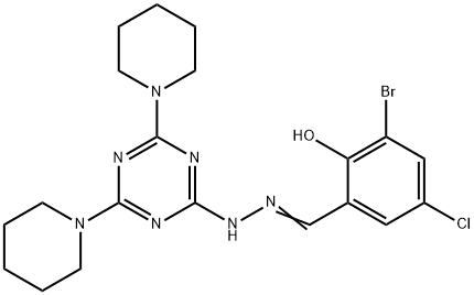 3-bromo-5-chloro-2-hydroxybenzaldehyde (4,6-dipiperidin-1-yl-1,3,5-triazin-2-yl)hydrazone 结构式