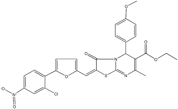 ethyl 2-[(5-{2-chloro-4-nitrophenyl}-2-furyl)methylene]-5-(4-methoxyphenyl)-7-methyl-3-oxo-2,3-dihydro-5H-[1,3]thiazolo[3,2-a]pyrimidine-6-carboxylate 结构式