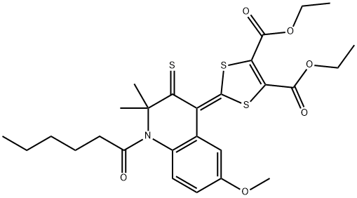 diethyl 2-(1-hexanoyl-6-methoxy-2,2-dimethyl-3-thioxo-2,3-dihydro-4(1H)-quinolinylidene)-1,3-dithiole-4,5-dicarboxylate 结构式