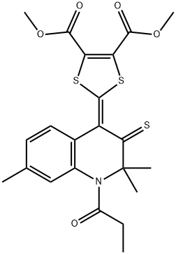 dimethyl 2-(2,2,7-trimethyl-1-propionyl-3-thioxo-2,3-dihydro-4(1H)-quinolinylidene)-1,3-dithiole-4,5-dicarboxylate 结构式