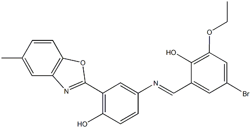 4-bromo-2-ethoxy-6-({[4-hydroxy-3-(5-methyl-1,3-benzoxazol-2-yl)phenyl]imino}methyl)phenol 结构式