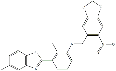 2-{3-[({6-nitro-1,3-benzodioxol-5-yl}methylene)amino]-2-methylphenyl}-5-methyl-1,3-benzoxazole 结构式