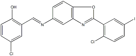 4-chloro-2-({[2-(2-chloro-5-iodophenyl)-1,3-benzoxazol-5-yl]imino}methyl)phenol 结构式