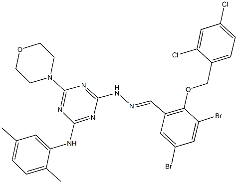 3,5-dibromo-2-{[(2,4-dichlorophenyl)methyl]oxy}benzaldehyde {4-[(2,5-dimethylphenyl)amino]-6-morpholin-4-yl-1,3,5-triazin-2-yl}hydrazone 结构式