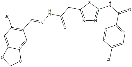 N-[5-(2-{2-[(6-bromo-1,3-benzodioxol-5-yl)methylene]hydrazino}-2-oxoethyl)-1,3,4-thiadiazol-2-yl]-4-chlorobenzamide 结构式