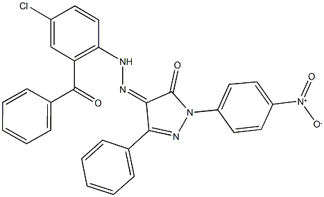 1-{4-nitrophenyl}-3-phenyl-1H-pyrazole-4,5-dione 4-[(2-benzoyl-4-chlorophenyl)hydrazone] 结构式