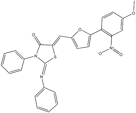 5-[(5-{2-nitro-4-methoxyphenyl}-2-furyl)methylene]-3-phenyl-2-(phenylimino)-1,3-thiazolidin-4-one 结构式