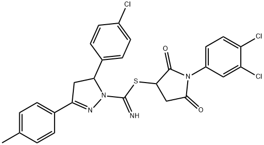 1-(3,4-dichlorophenyl)-2,5-dioxo-3-pyrrolidinyl 5-(4-chlorophenyl)-3-(4-methylphenyl)-4,5-dihydro-1H-pyrazole-1-carbimidothioate 结构式