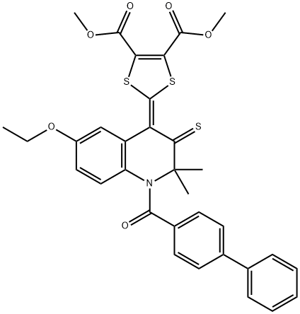 dimethyl 2-(1-([1,1'-biphenyl]-4-ylcarbonyl)-6-ethoxy-2,2-dimethyl-3-thioxo-2,3-dihydro-4(1H)-quinolinylidene)-1,3-dithiole-4,5-dicarboxylate 结构式