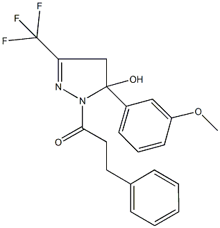 5-(3-methoxyphenyl)-1-(3-phenylpropanoyl)-3-(trifluoromethyl)-4,5-dihydro-1H-pyrazol-5-ol 结构式