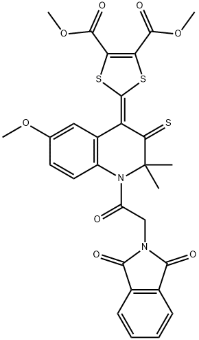 dimethyl 2-(1-[(1,3-dioxo-1,3-dihydro-2H-isoindol-2-yl)acetyl]-6-methoxy-2,2-dimethyl-3-thioxo-2,3-dihydro-4(1H)-quinolinylidene)-1,3-dithiole-4,5-dicarboxylate 结构式
