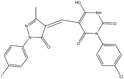 3-(4-chlorophenyl)-6-hydroxy-5-{[1-(4-iodophenyl)-3-methyl-5-oxo-1,5-dihydro-4H-pyrazol-4-ylidene]methyl}-2,4(1H,3H)-pyrimidinedione 结构式
