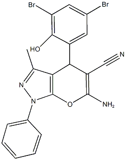 6-amino-4-(3,5-dibromo-2-hydroxyphenyl)-3-methyl-1-phenyl-1,4-dihydropyrano[2,3-c]pyrazole-5-carbonitrile 结构式