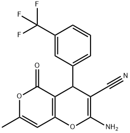 2-amino-7-methyl-5-oxo-4-[3-(trifluoromethyl)phenyl]-4H,5H-pyrano[4,3-b]pyran-3-carbonitrile 结构式