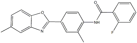 2-fluoro-N-[2-methyl-4-(5-methyl-1,3-benzoxazol-2-yl)phenyl]benzamide 结构式