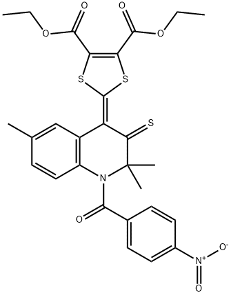 diethyl 2-(1-{4-nitrobenzoyl}-2,2,6-trimethyl-3-thioxo-2,3-dihydro-4(1H)-quinolinylidene)-1,3-dithiole-4,5-dicarboxylate 结构式