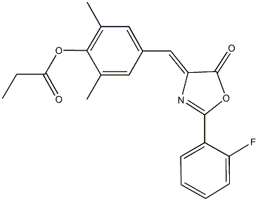 4-[(2-(2-fluorophenyl)-5-oxo-1,3-oxazol-4(5H)-ylidene)methyl]-2,6-dimethylphenyl propionate 结构式