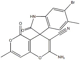 2-amino-6'-bromo-3-cyano-1',3'-dihydro-2',7-dimethyl-2',5-dioxospiro(4H,5H-pyrano[4,3-b]pyran-4,3'-2H-indole) 结构式