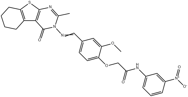 N-{3-nitrophenyl}-2-(2-methoxy-4-{[(2-methyl-4-oxo-5,6,7,8-tetrahydro[1]benzothieno[2,3-d]pyrimidin-3(4H)-yl)imino]methyl}phenoxy)acetamide 结构式