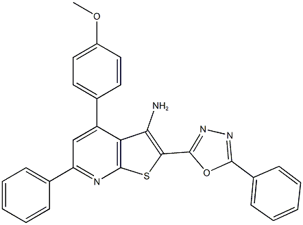 4-(4-methoxyphenyl)-6-phenyl-2-(5-phenyl-1,3,4-oxadiazol-2-yl)thieno[2,3-b]pyridin-3-amine 结构式