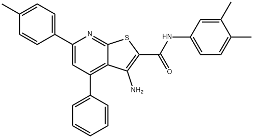 3-amino-N-(3,4-dimethylphenyl)-6-(4-methylphenyl)-4-phenylthieno[2,3-b]pyridine-2-carboxamide 结构式