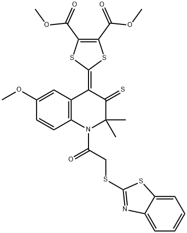 dimethyl 2-(1-[(1,3-benzothiazol-2-ylsulfanyl)acetyl]-6-methoxy-2,2-dimethyl-3-thioxo-2,3-dihydro-4(1H)-quinolinylidene)-1,3-dithiole-4,5-dicarboxylate 结构式