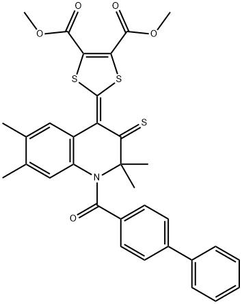 dimethyl 2-(1-([1,1'-biphenyl]-4-ylcarbonyl)-2,2,6,7-tetramethyl-3-thioxo-2,3-dihydro-4(1H)-quinolinylidene)-1,3-dithiole-4,5-dicarboxylate 结构式