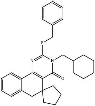 3-(cyclohexylmethyl)-2-(benzylsulfanyl)-5,6-dihydrospiro(benzo[h]quinazoline-5,1'-cyclopentane)-4(3H)-one 结构式